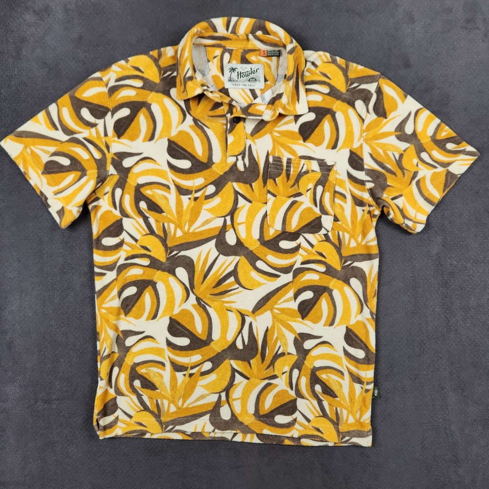 Howler Brothers Plusherman Terry Polo Shirt Mens Small Monstera Mash Citron